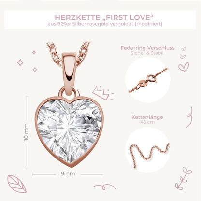 AMOONIC Herzkette für Mädchen (925 Silber) Roségold-vergoldet: Kinderkette mit '45cm' Herzanhänger