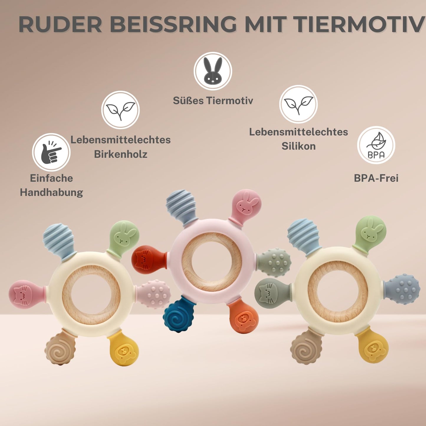 Baby Beißring für Zahnungshilfe aus Silikon & Holz:  BPA-frei, Sicheres Spielzeug