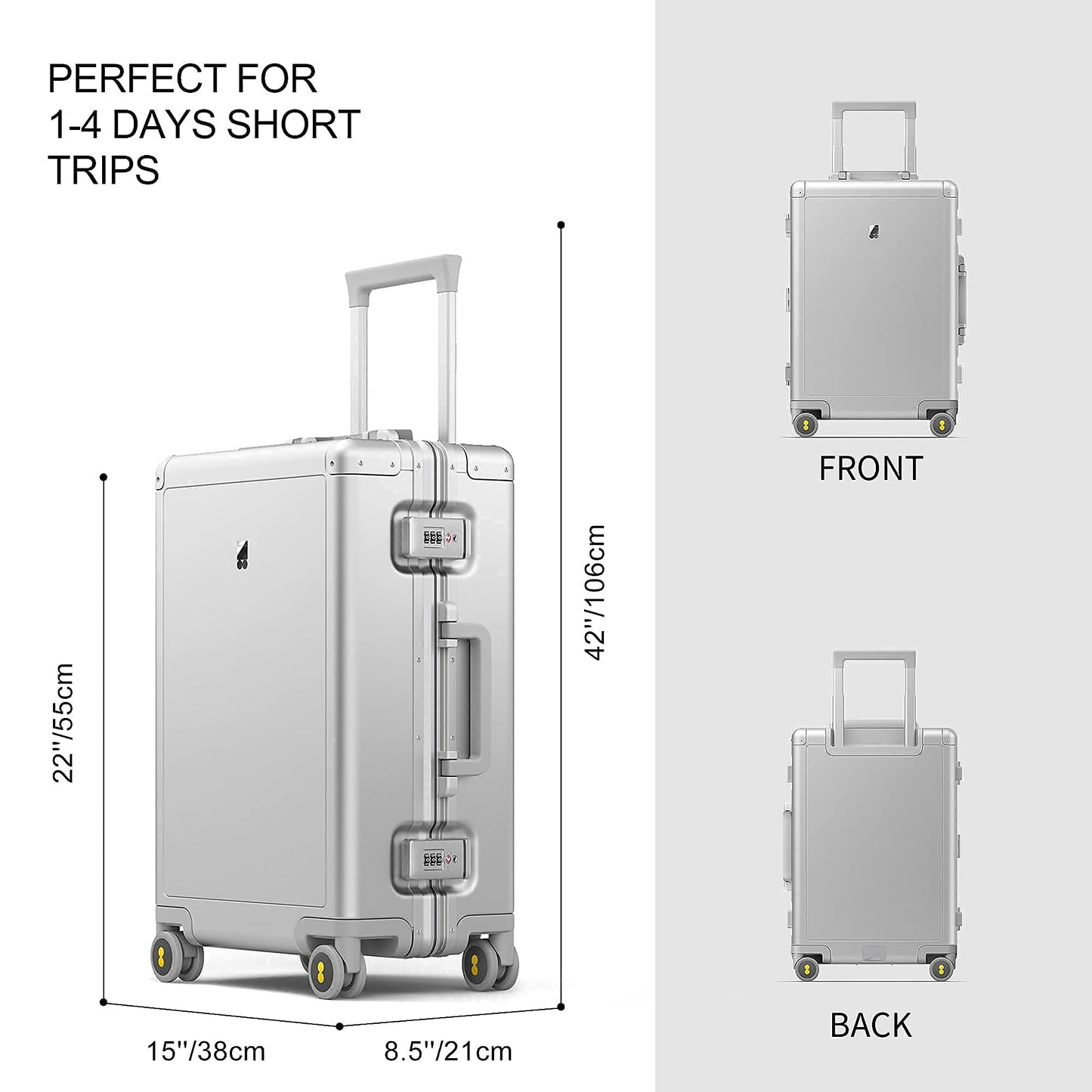 LEVEL8 Hartschalen Aluminum-Reisekoffer mit Doppelte TSA-Schloss (55cm - 35 Liter): Silber