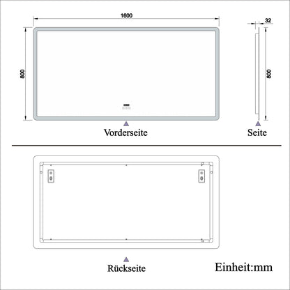 LED bathroom mirror (160×80cm) with Bluetooth &amp; memory touch switch: Dimmable, anti-fog