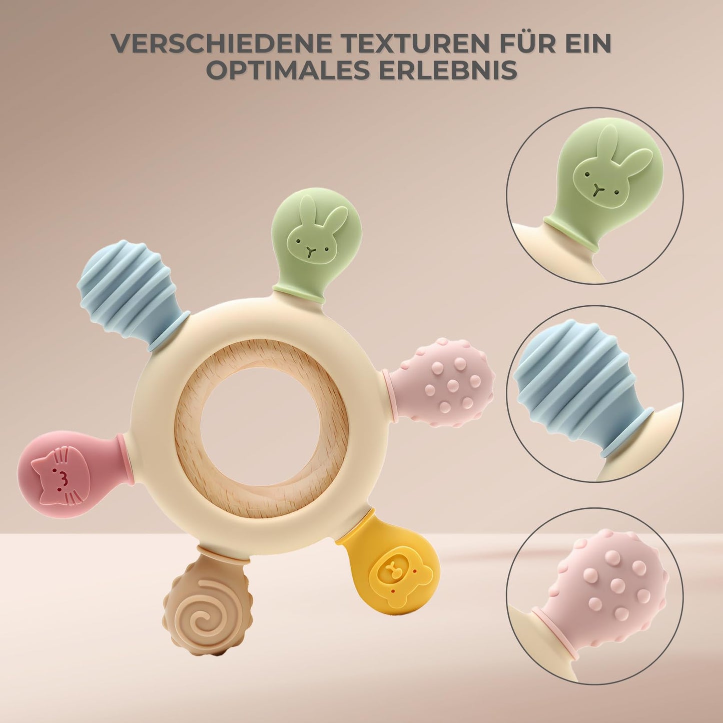 Baby Beißring für Zahnungshilfe aus Silikon & Holz:  BPA-frei, Sicheres Spielzeug