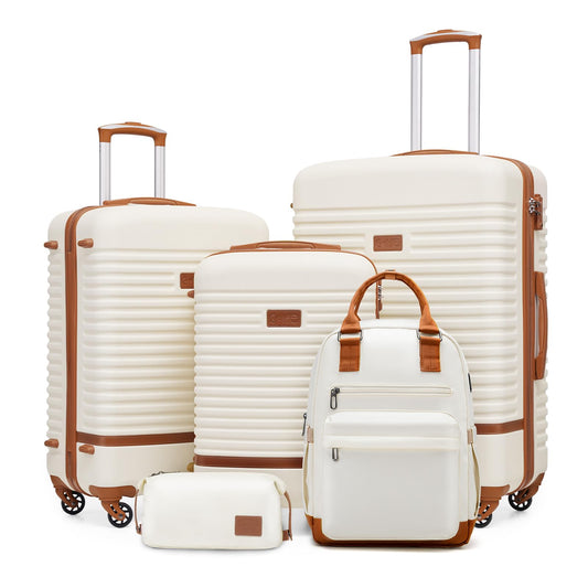 COOLIFE Hartschalen Reisekoffer-Set (5-teilig): ABS, 4 Rollen, TSA-Schloss | Weißbraun