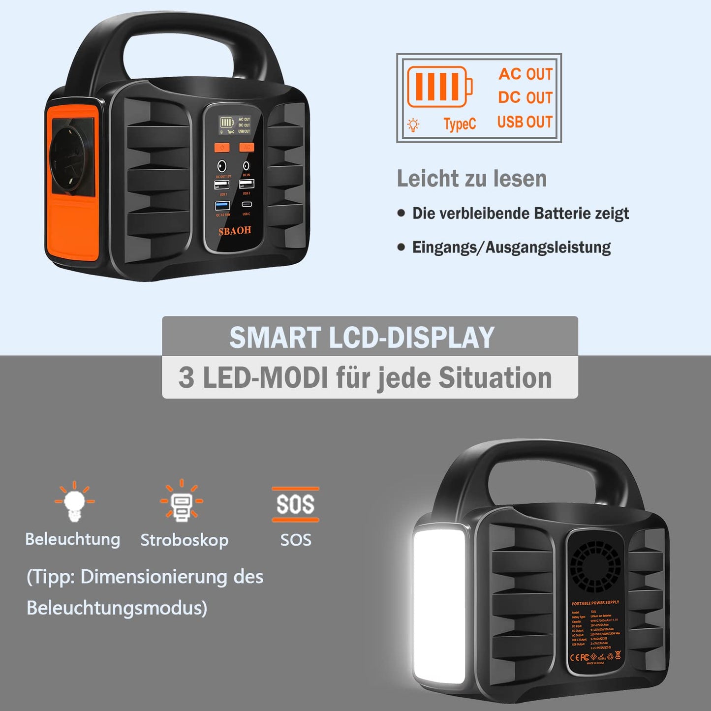 Outdoor Powerstation 'SBAOH' 99Wh, 150W: Solargenerator Akku für Reise & Camping