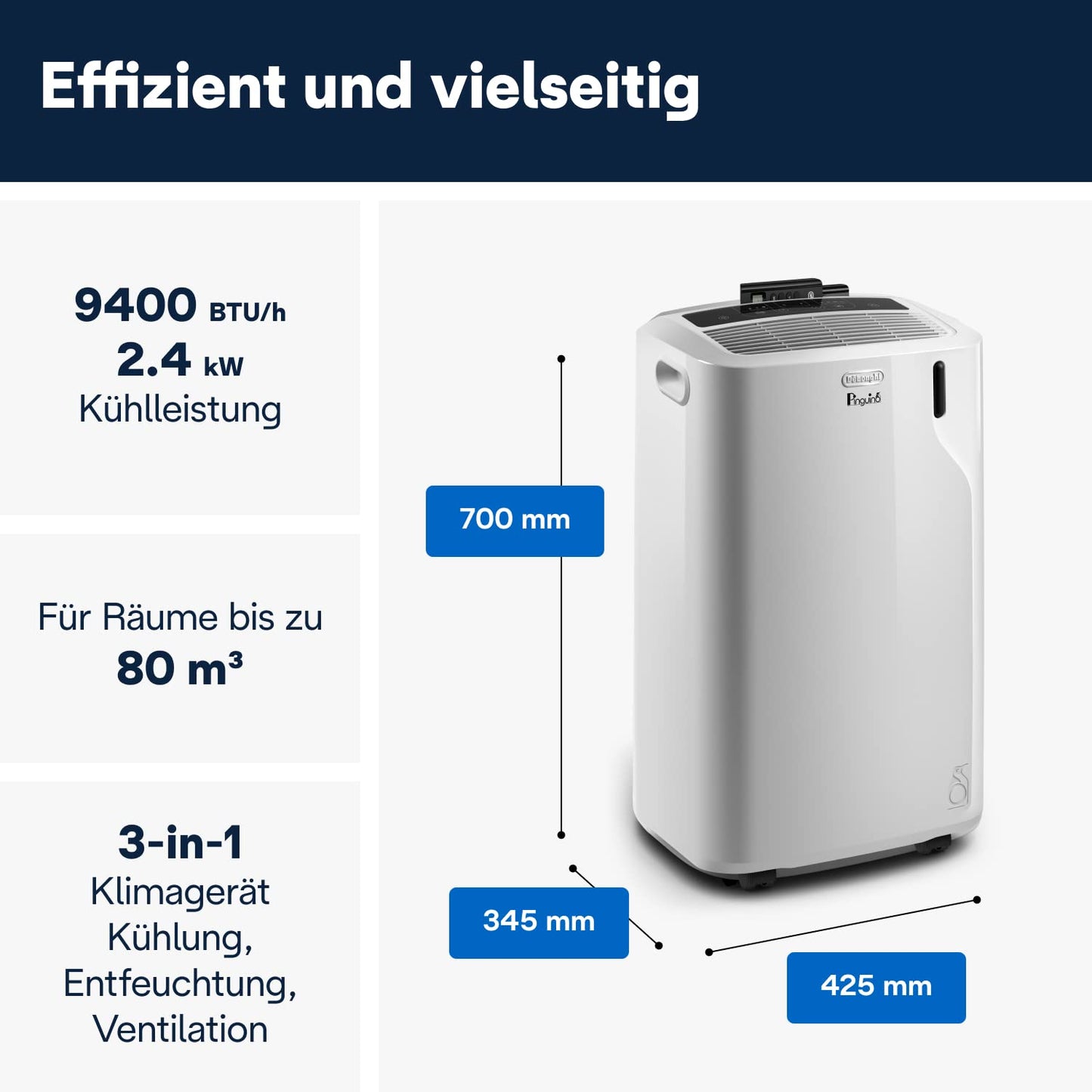 De'Longhi 'Pinguino' (PAC EM82) Portable Air Conditioner for Rooms up to 80m³ | 9,400 BTU, 2.4 kW