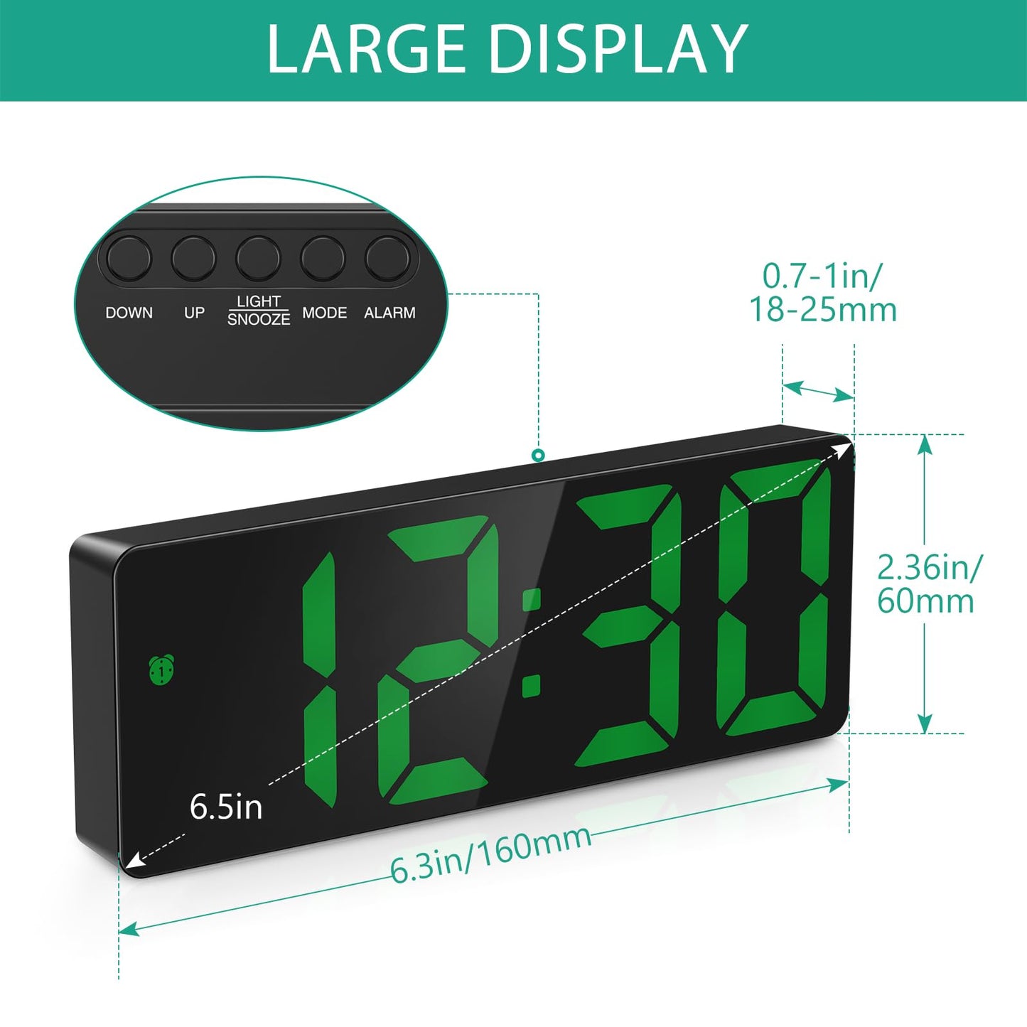ORIA LED Digital Alarm Clock with Sound Control: Battery and USB Powered