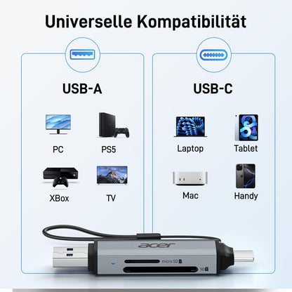 acer USB-C, USB 3.0 Kartenleser | Dual-Slot SD/microSD Adapter für PC, Mac, Smartphone