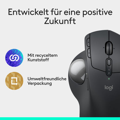 Logitech MX Ergo S Advanced kabellose Trackball-Maus, über USB-C wiederaufladbare kabellose ergonomische Maus mit Bluetooth und verschlüsseltem Dongle, 6 programmierbare Tasten, für PC/Mac - Graphit
