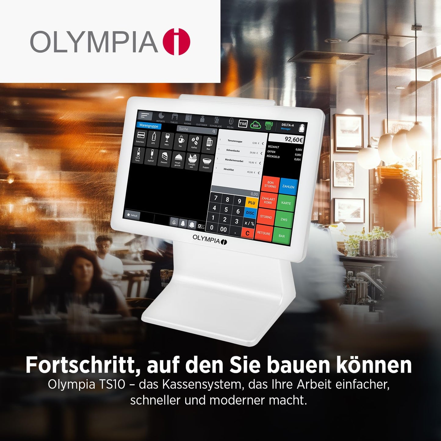 Olympia TS10 touchscreen POS system for restaurants and retail: scanner, customer display