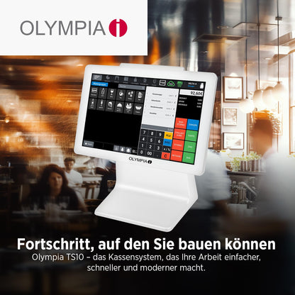 Olympia TS10 touchscreen POS system for restaurants and retail: scanner, customer display
