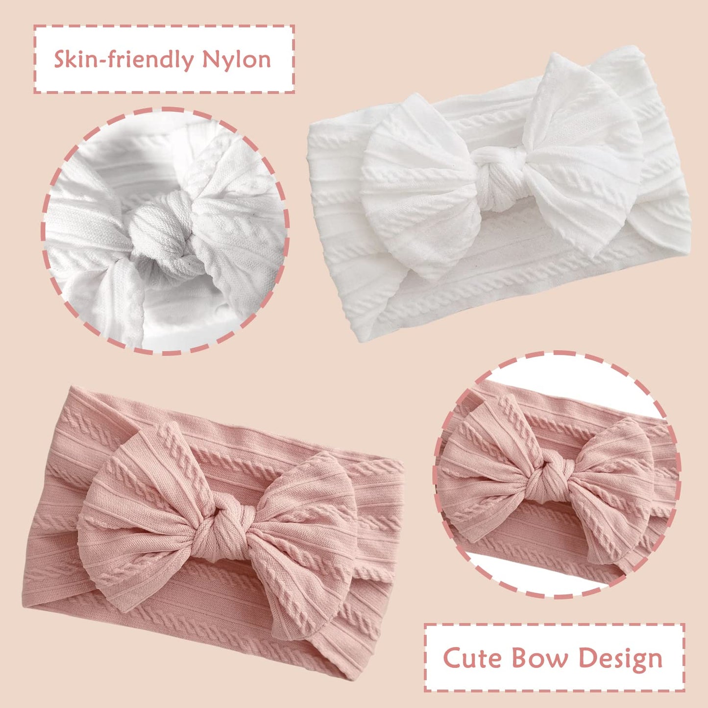 Baby Mädchen Turban Elastische Stirnband-Schleife (2er-Set in Rosa und Weiß)