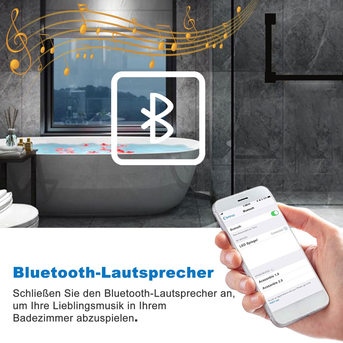 LED bathroom mirror (160×80cm) with Bluetooth &amp; memory touch switch: Dimmable, anti-fog