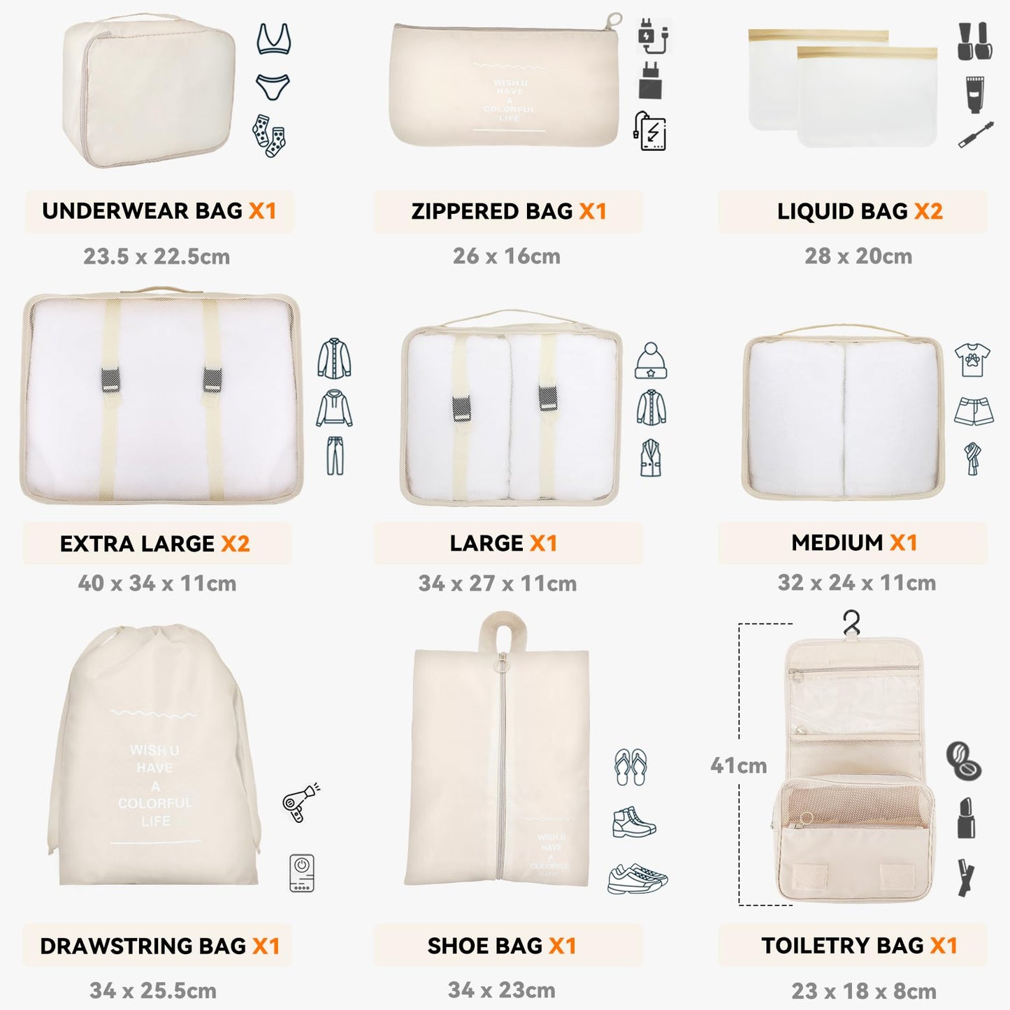 WECUTE Suitcase Organizer Set (11-piece): Waterproof Travel Clothes Bags (Khaki)