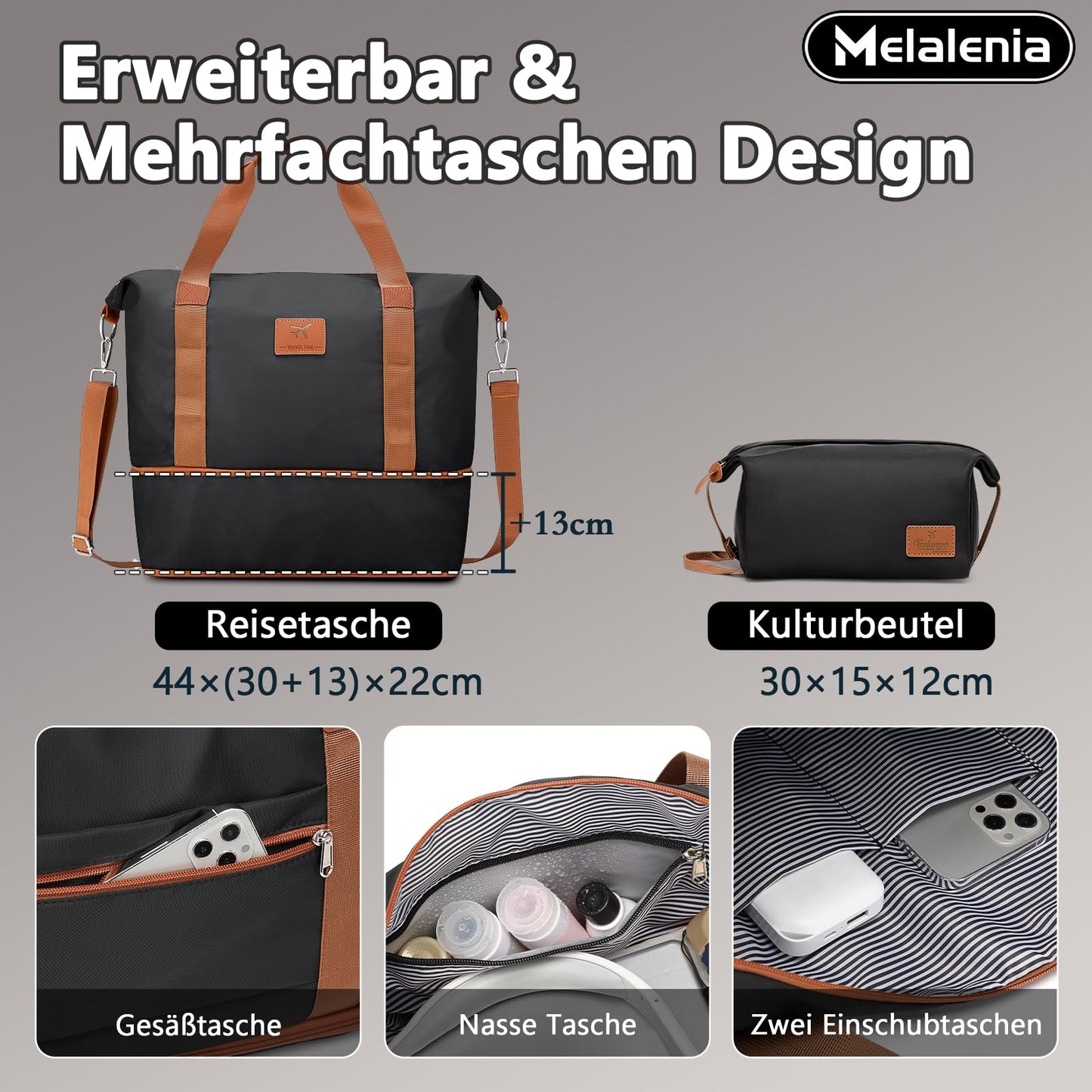 MELALENIA Hartschalen Reisekoffer-Set (7-teilig): Super-Leicht, TSA-Schloss | Schwarz