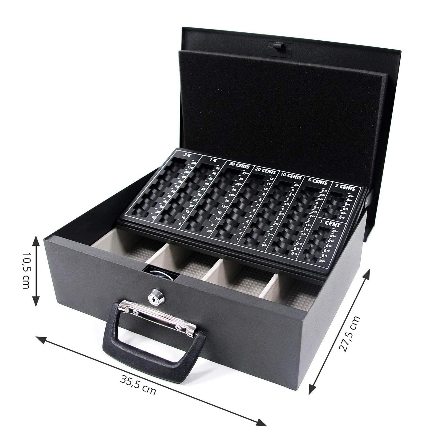 Sturdy steel cash box safe including Euro coin tray: Lockable