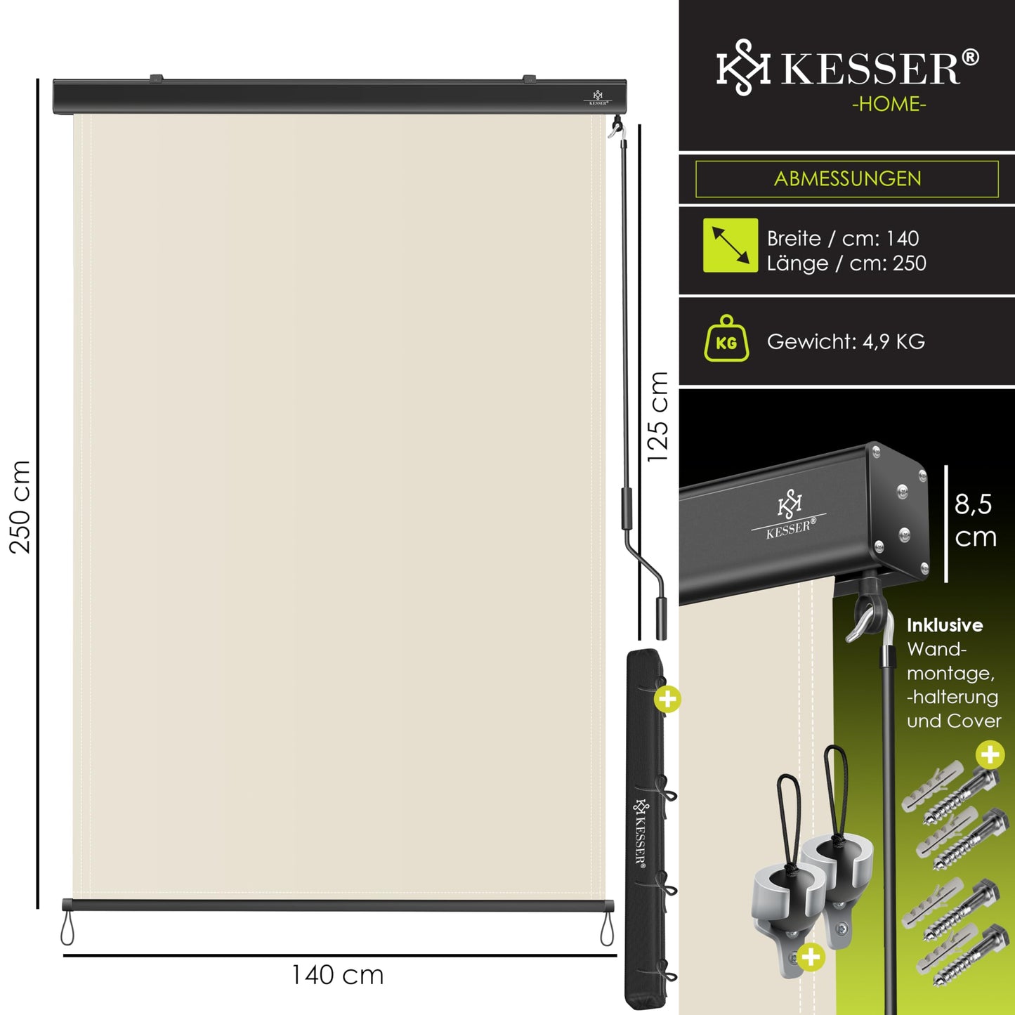 KESSER® vertical awning with hand crank mechanism: sun and privacy protection including mounting kit &amp; cover