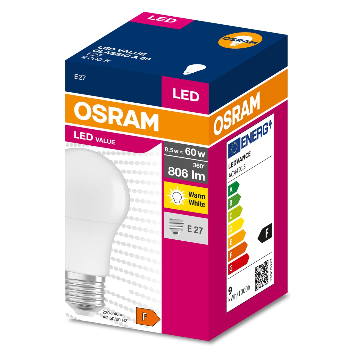 OSRAM LED with E27 base (8.5W warm white: 2700K): Matt 10-pack