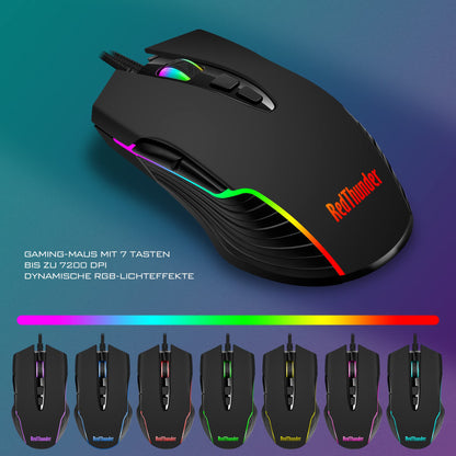 RedThunder K10 Gaming Tastatur und Maus Set, QWERTZ DE-Layout, Metallplatte und Handballenauflager,RGB-Hintergrundbeleuchtung und 7D mit Ergonomische für PC Gamer(Schwarz)