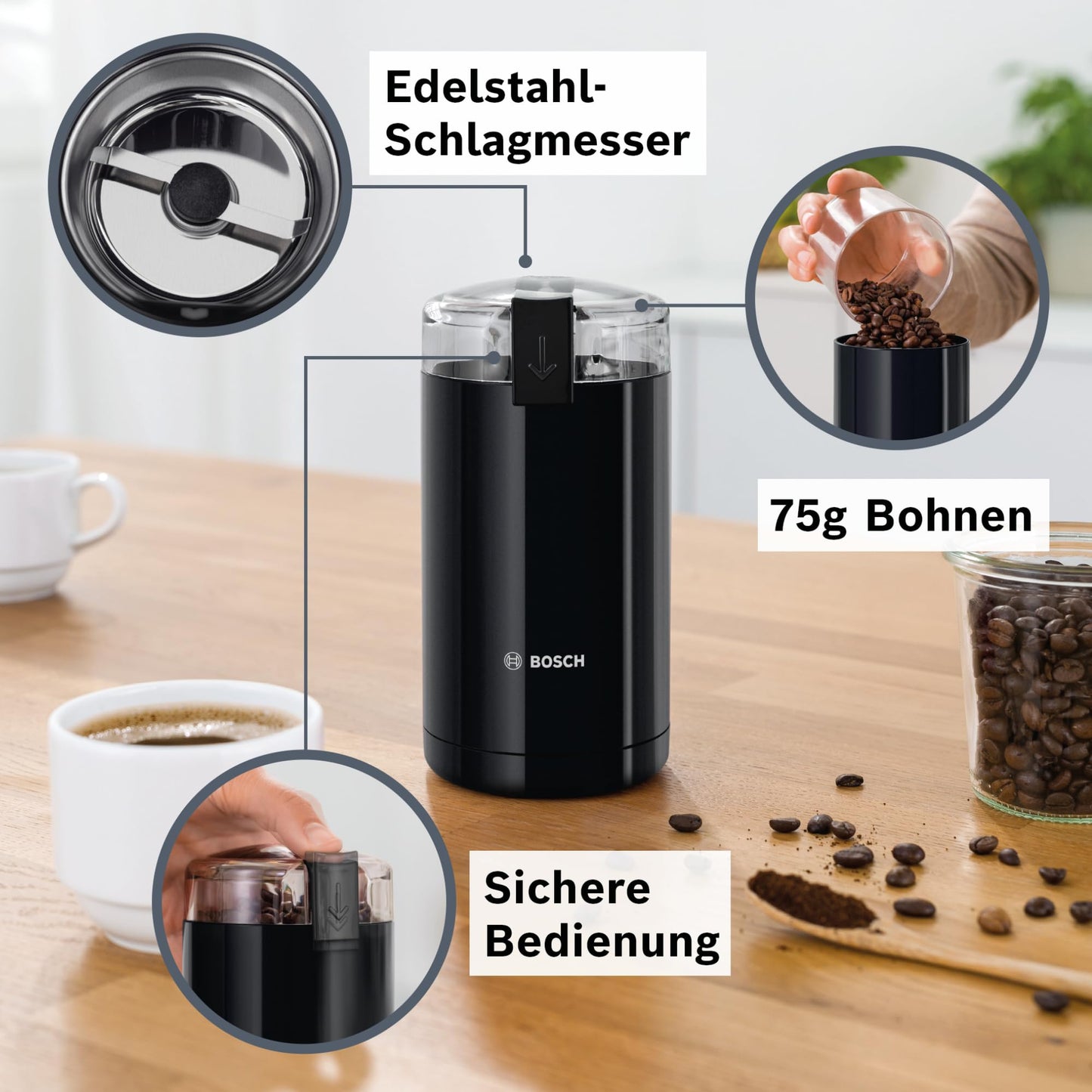 Bosch Electric Coffee Grinder (TSM6A013B): Stainless steel chopping blade, 180W, 75g bean container