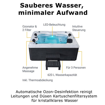 Outdoor-Whirlpool 'BERLIN' für 3 Personen inkl. Thermoabdeckung & LED: 31-Massagedüsen
