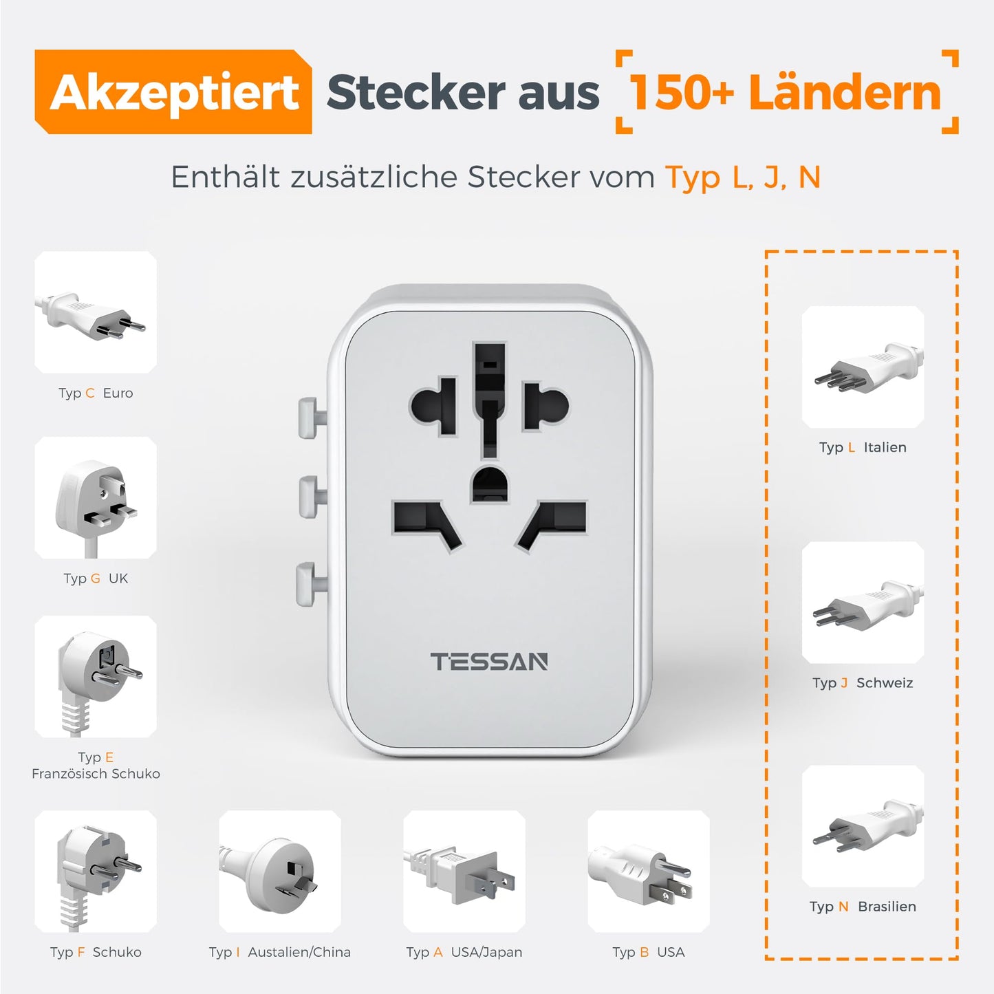 TESSAN Universal Reiseadapter mit 3 USB-A und 1 USB-C: Internationaler Steckdosenadapter