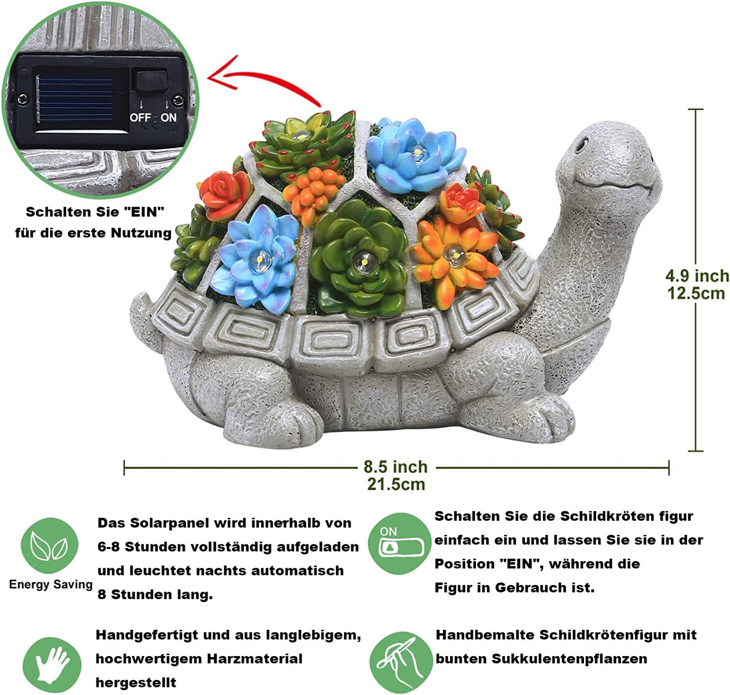 Yeomoo Solar Gartenfiguren Schildkröte Gartendeko für Draußen, mit Sukkulenten und 7 LED Leuchten Home Balkon Dekoration, Figur Kawaii Geschenke für Frauen/Mama Deko für Zimmer Terrasse