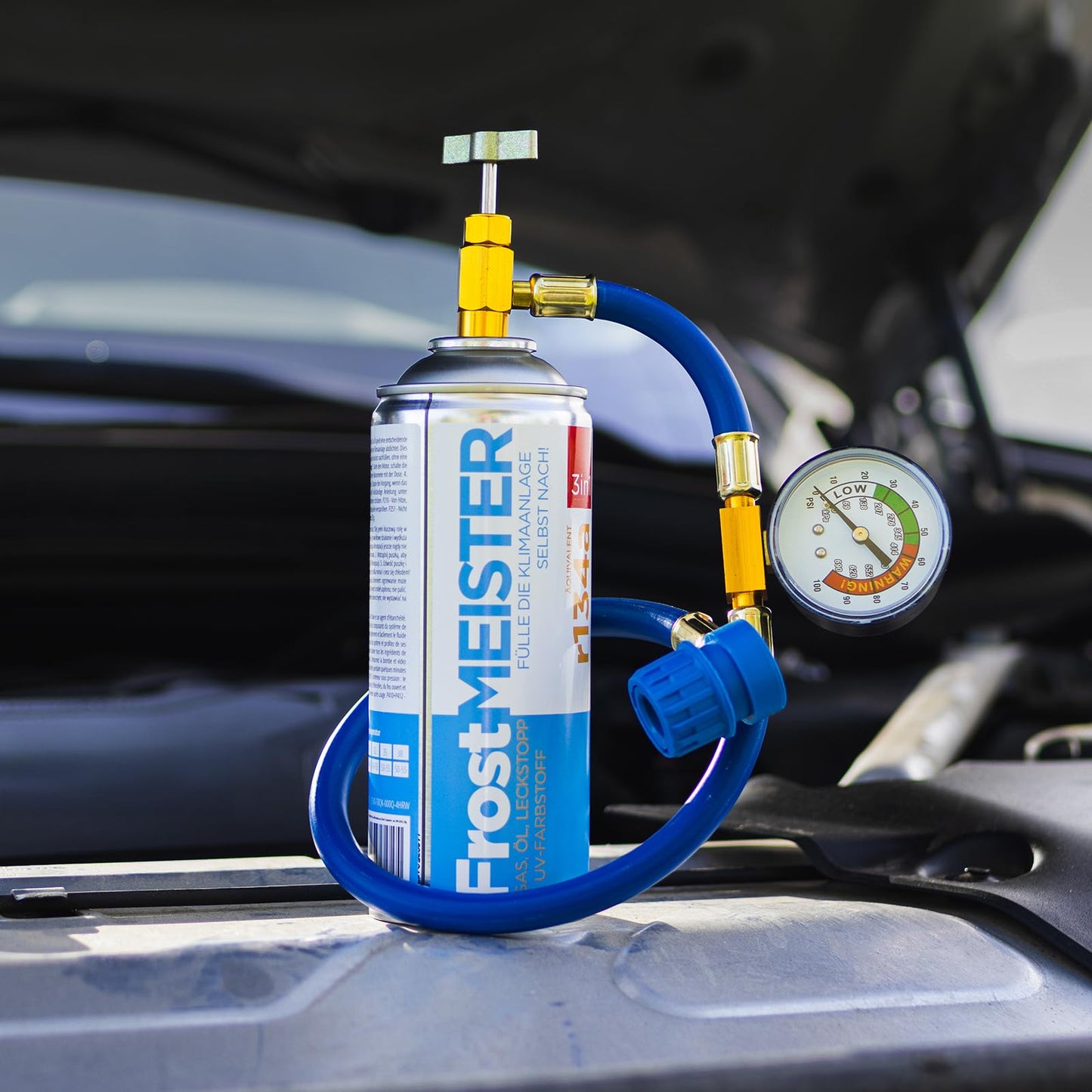 FrostMEISTER 3-in-1 Auto-Klimaanlage Nachfüllset für R134a (2x 400ml Dose & Schlauch mit Manometer)