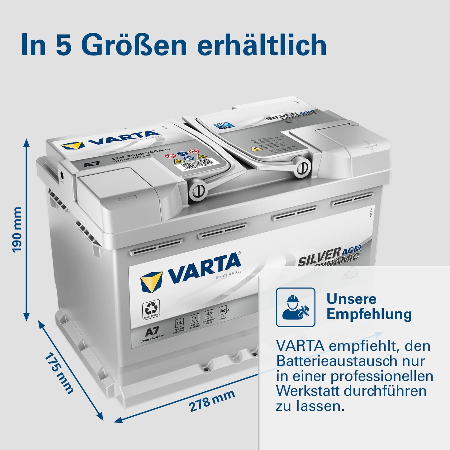 VARTA Silver Dynamic AGM Starterbatterie A7 (E39): 12V-70Ah-760A für Autos mit hohem Energiebedarf