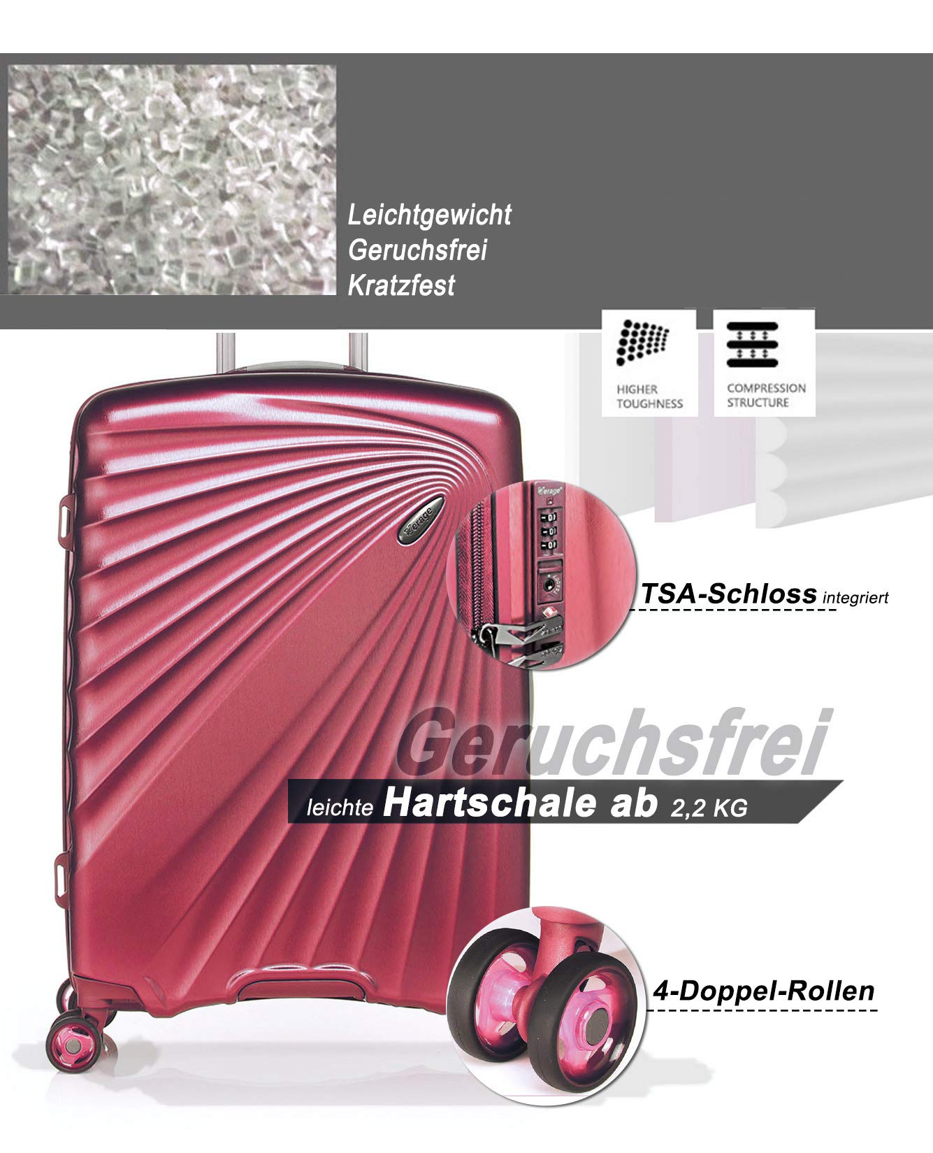 ABISTAB VERAGE 'Kinetic' Hartschalen Reisekoffer-Set (3-teilig): TSA, Burgundy