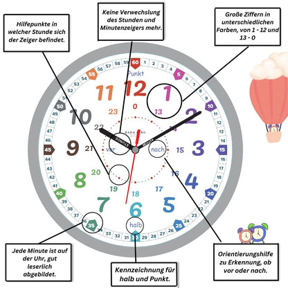 Bada Bing Montessori wall clock for children with shatter-proof acrylic glass panel: learning clock without ticking noises