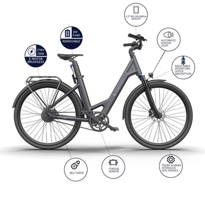 ADO Air 28 E-Bike (2 Stück): 345,00 Wh Akku, Momenten-Sensor, Riemenantrieb, APP (Grau)