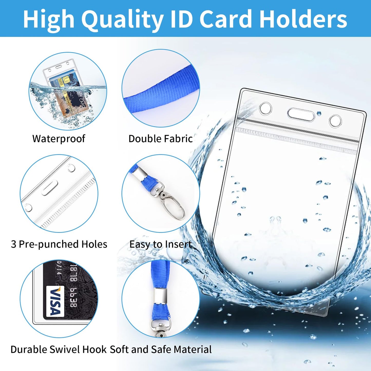 Apritsce ID Card Holder with Lanyard (50 Pack): Vertical Card Holder for Business in Blue