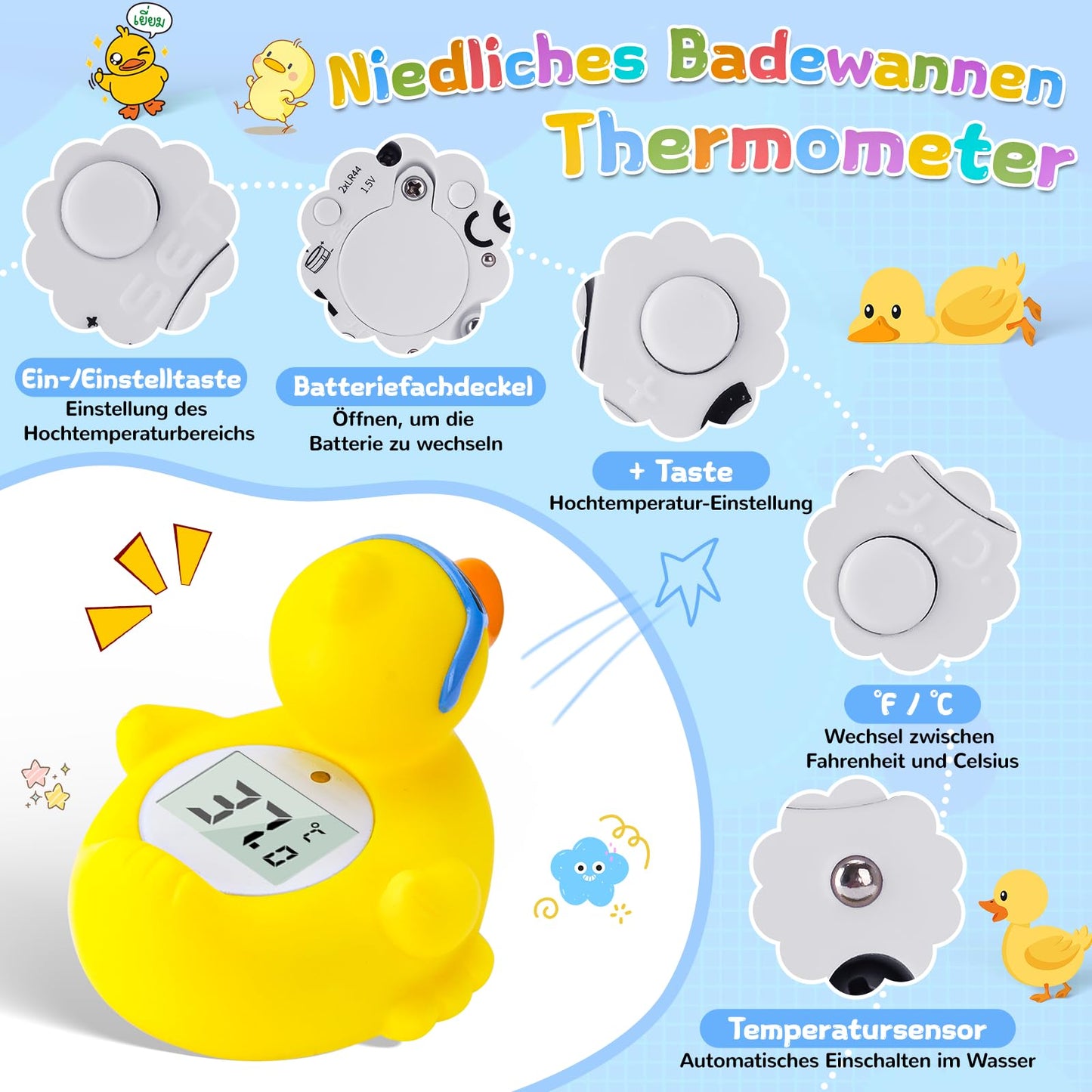 Bath and room temperature thermometer for newborns with LED display