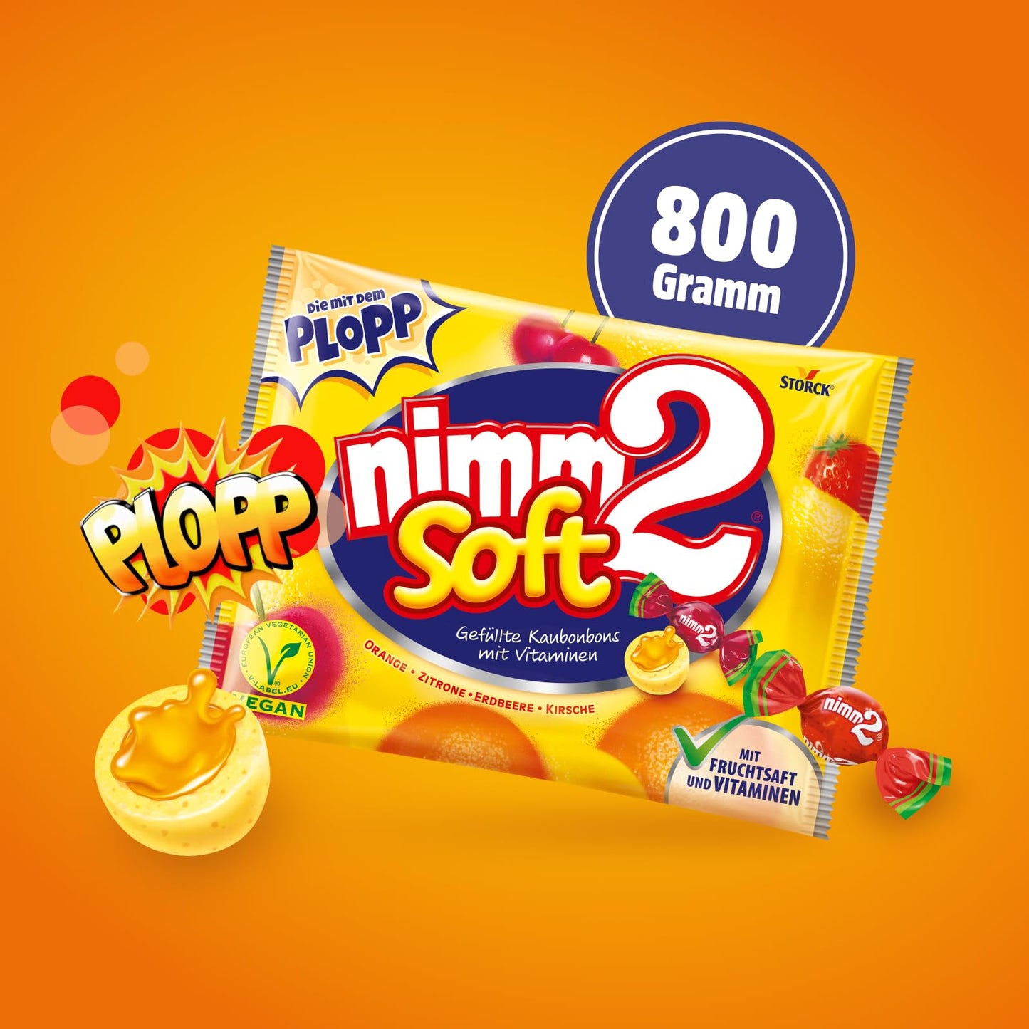 nimm2 Soft (1x 800g large pack): Filled chewable candies in four varieties with fruit juice and vitamins