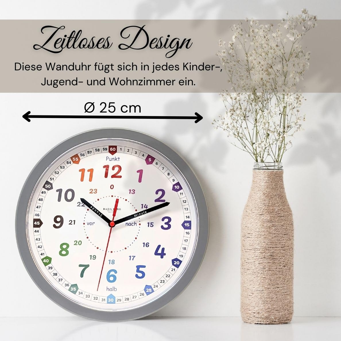 Bada Bing Montessori wall clock for children with shatter-proof acrylic glass panel: learning clock without ticking noises