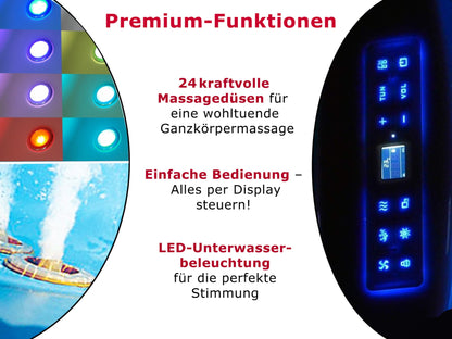 Luxus Whirlpool Badewanne Relax Profi in Schwarz mit Armaturen: Made in Germany, LED, Bluetooth