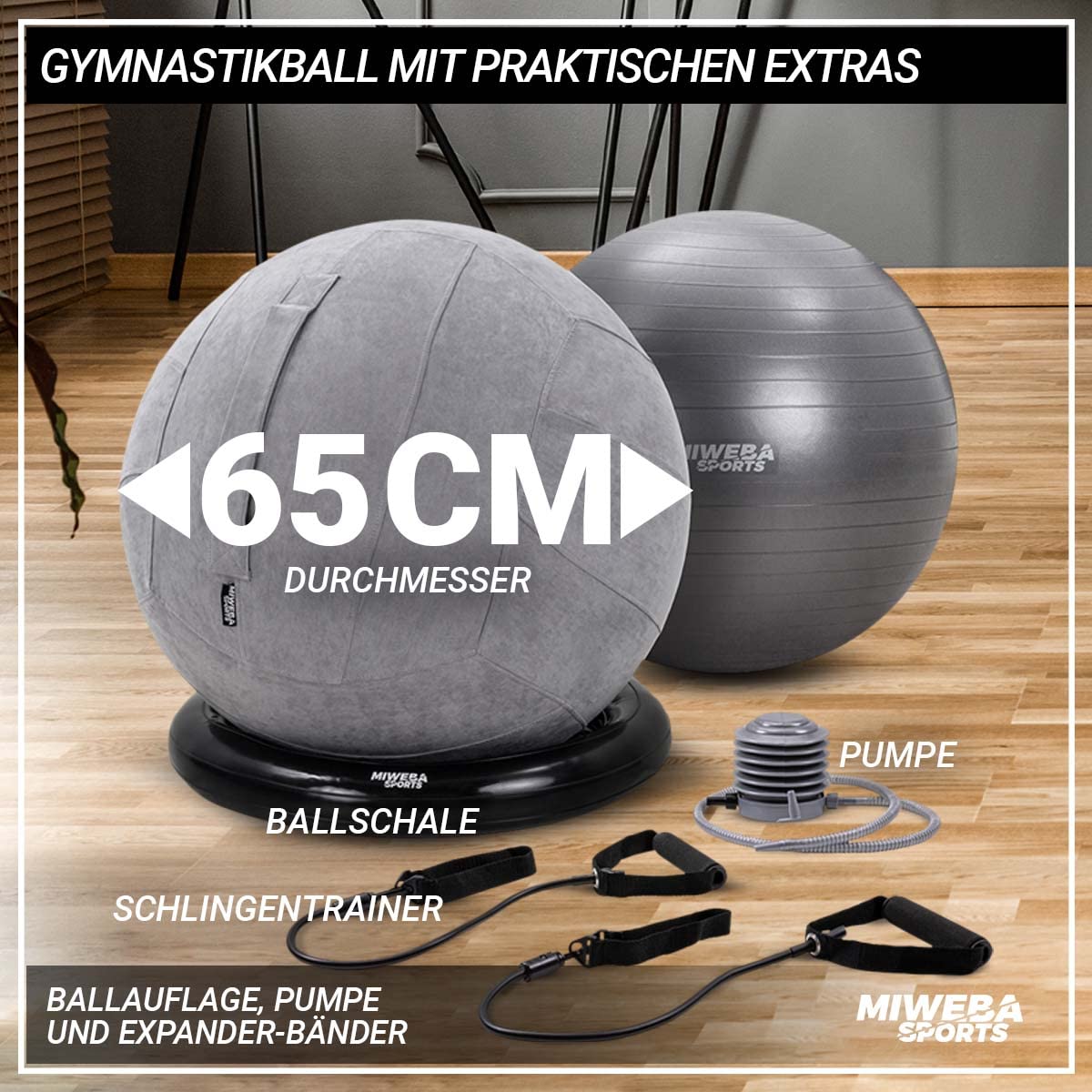 Miweba Sports Gymnastikball-Set aus PVC: Traglast 500kg, 65cm | Sitztrainer - Fitnessball Stuhl