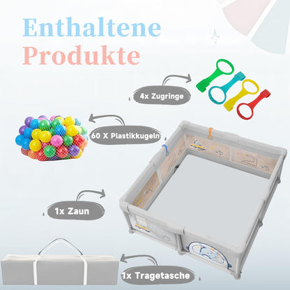 Laufgitter Baby mit rutschfestem Boden (200x180cm) inkl. 60 Seebälle, 4 Griffe, Playpen, Aufbewahrungstasche