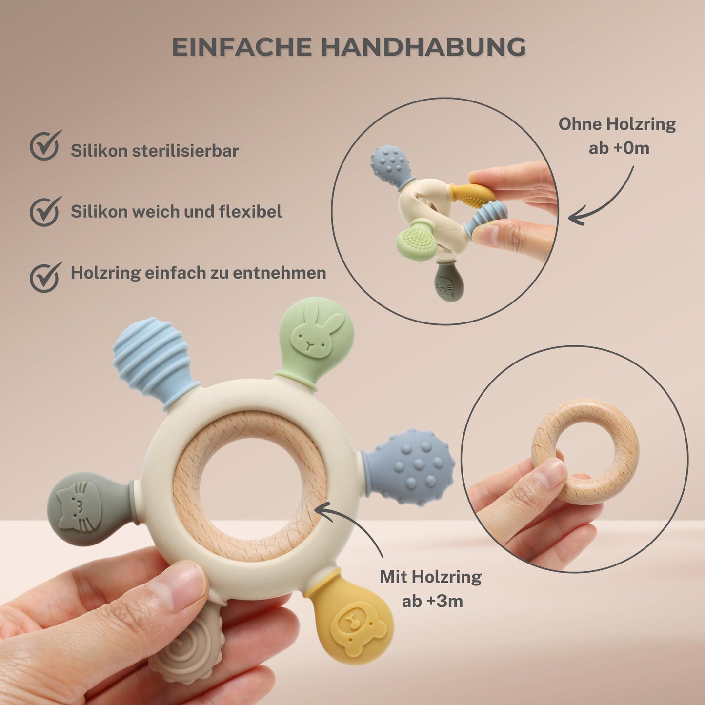 Baby Beißring für Zahnungshilfe aus Silikon & Holz:  BPA-frei, Sicheres Spielzeug