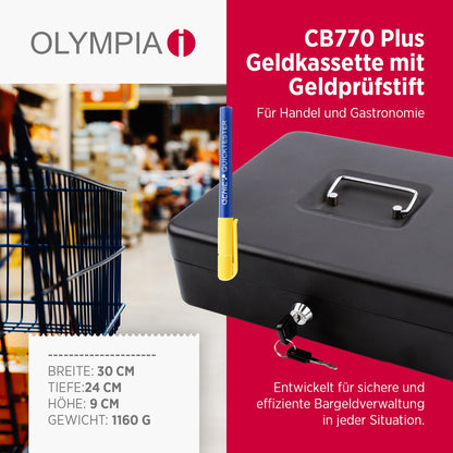 Olympia (6031 CB 770 Plus) cashbox: Lockable with key &amp; coin counting board including counterfeit detector