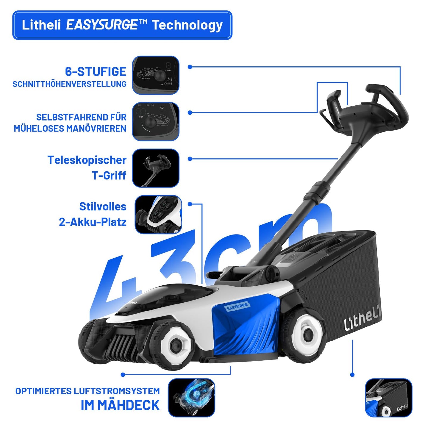 Litheli Easysurge cordless lawn mower including 2x4.0Ah batteries: Self-propelled (2.2-4.7 km/h), brushless motor