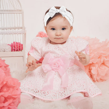 Baby Mädchen Turban Elastische Stirnband-Schleife (2er-Set in Rosa und Weiß)
