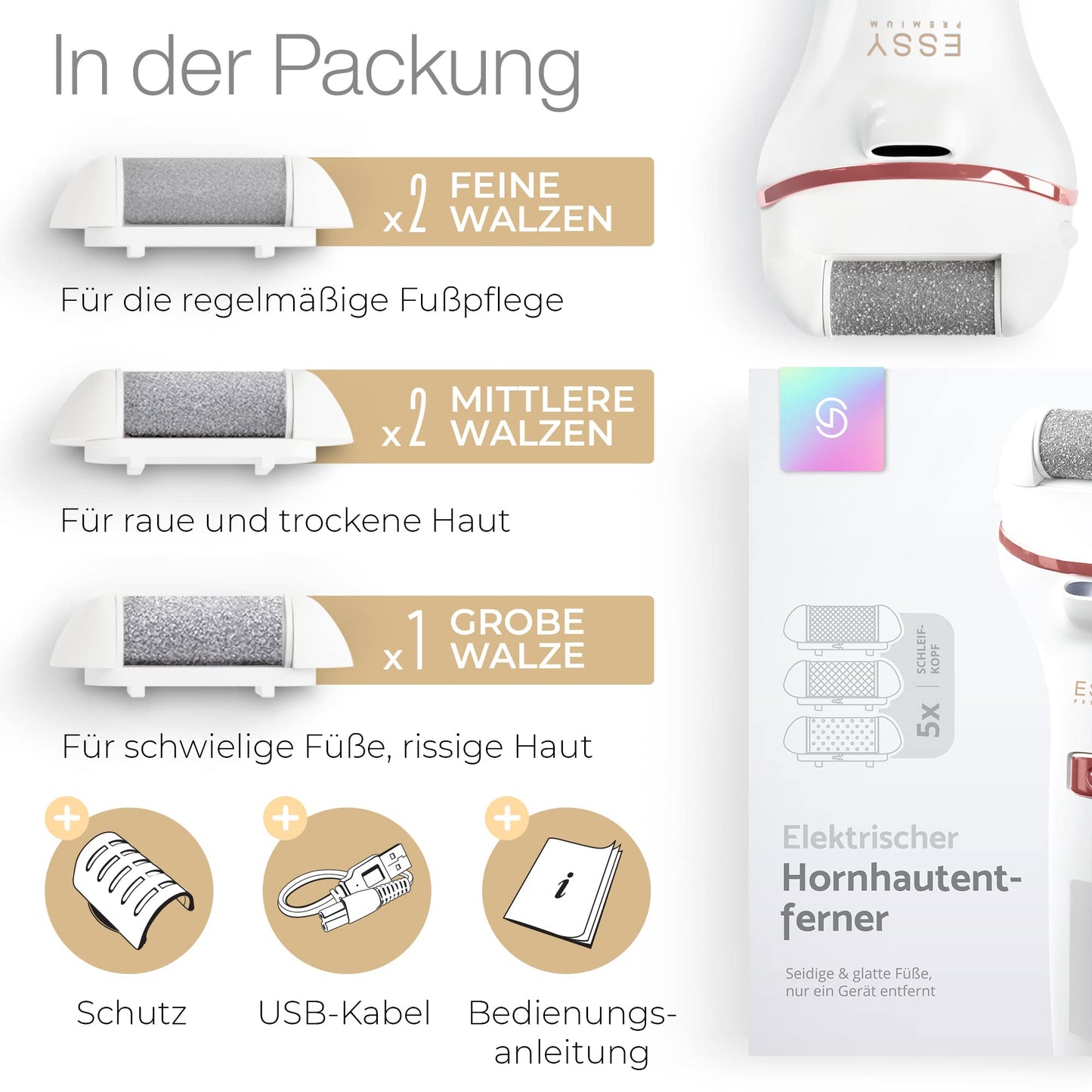 ESSY Elektrischer Hornhautentferner mit 5 Ersatzrollen: Fußpflege Hornhautfeile (Weiß)
