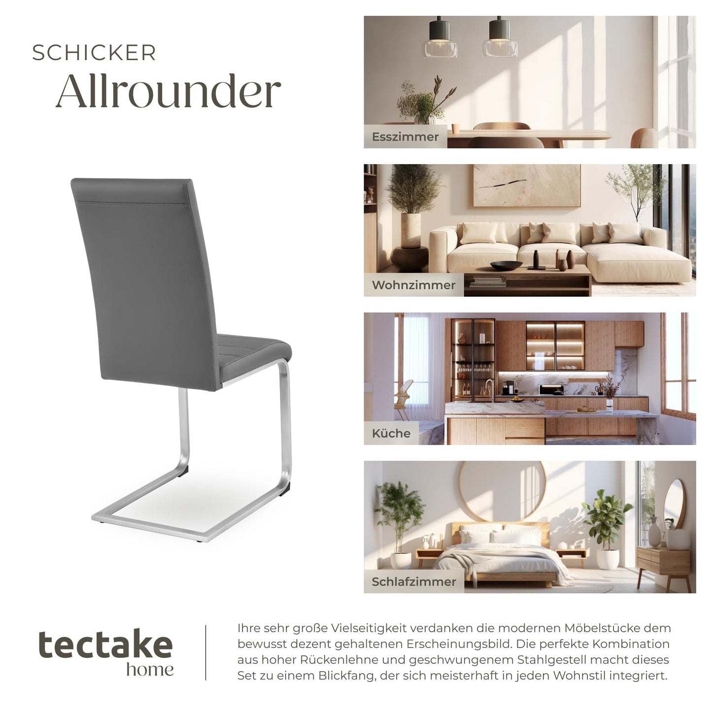 tectake® 2er Set Esszimmerstühle | Modern, bequem und vielseitig einsetzbar (Grau)