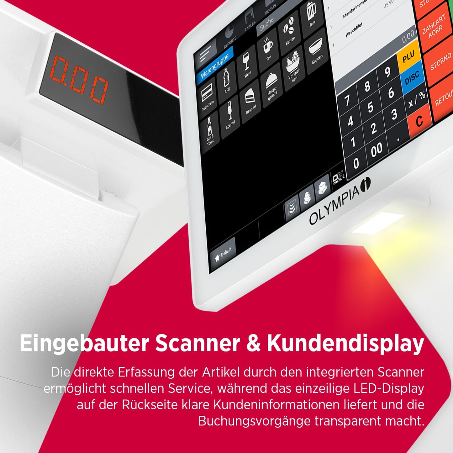 Olympia TS10 touchscreen POS system for restaurants and retail: scanner, customer display