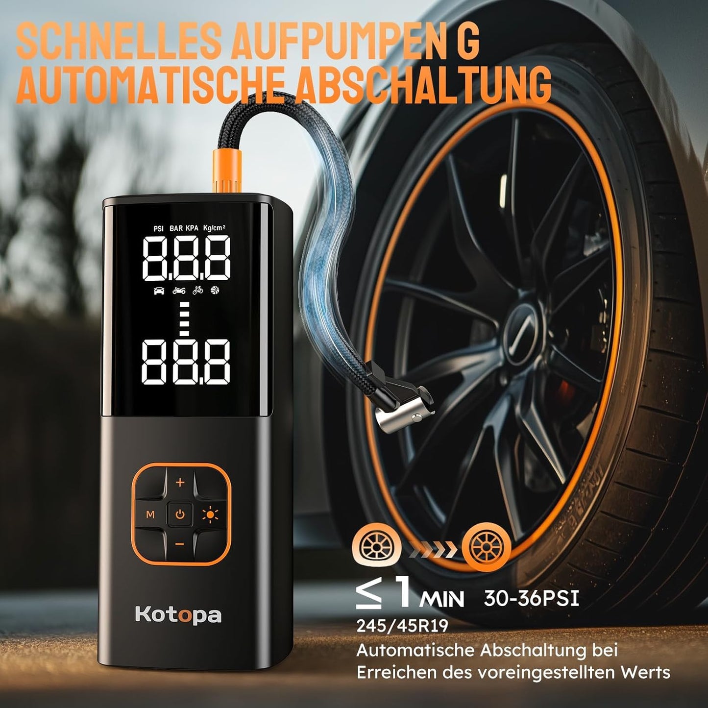 KOTOPA Elektrische Luftpumpe (150PSI): Wiederaufladbare Luftkompressor mit 4 Adapter