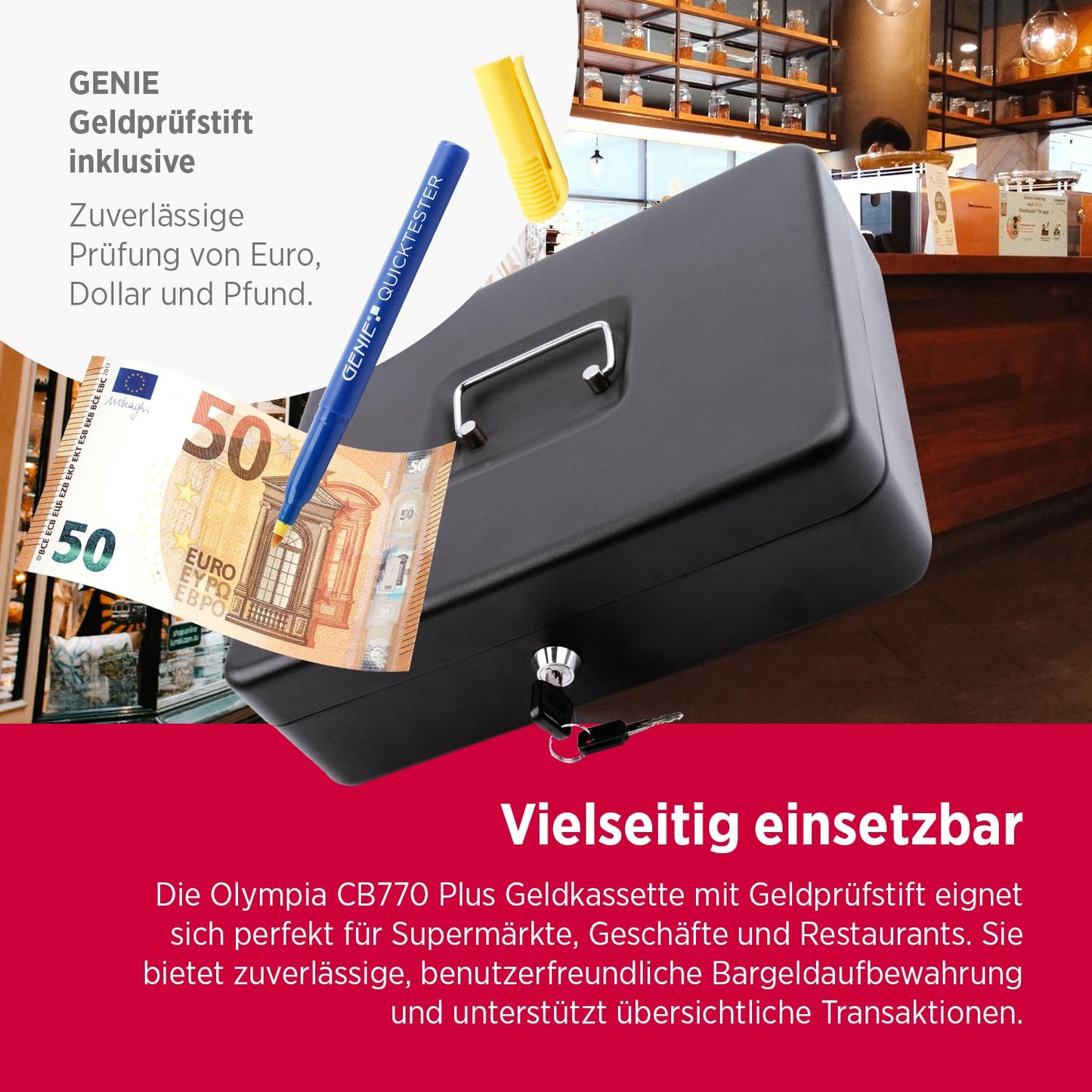 Olympia (6031 CB 770 Plus) cashbox: Lockable with key &amp; coin counting board including counterfeit detector