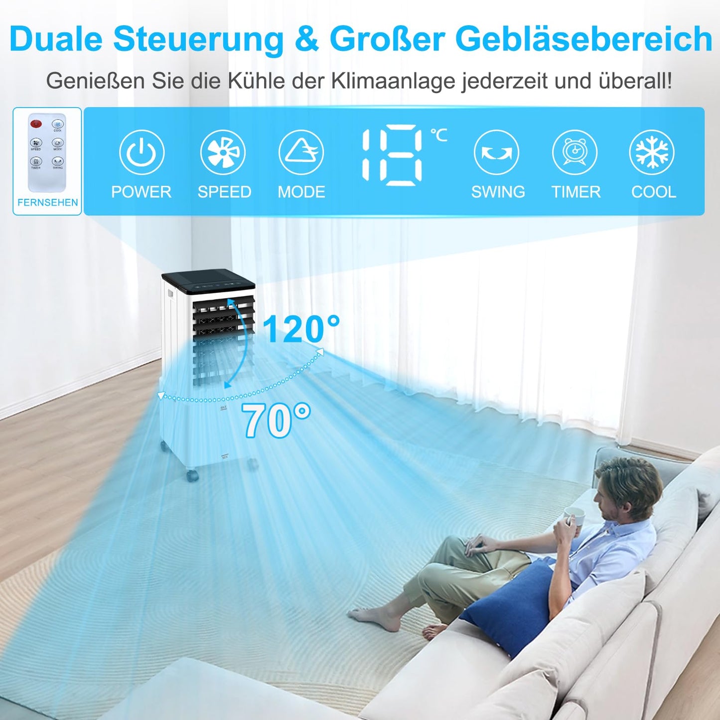 Klimagerät ohne Abluftschlauch mit 12h Timer: 12L - 60W - 3 Modus - 120°, Fernbedienung