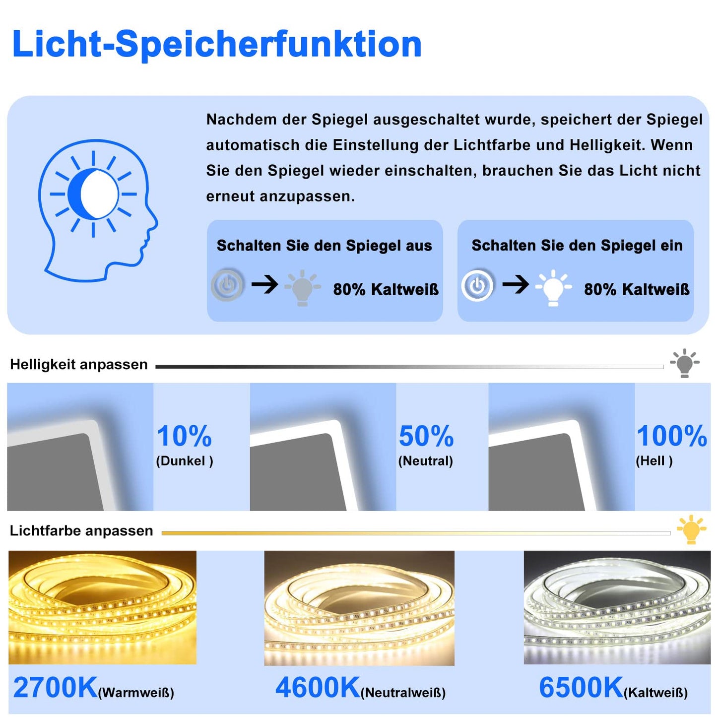 LED bathroom mirror (160×80cm) with Bluetooth &amp; memory touch switch: Dimmable, anti-fog