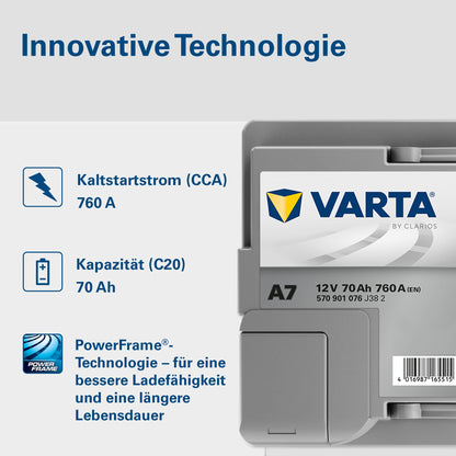 VARTA Silver Dynamic AGM Starterbatterie A7 (E39): 12V-70Ah-760A für Autos mit hohem Energiebedarf