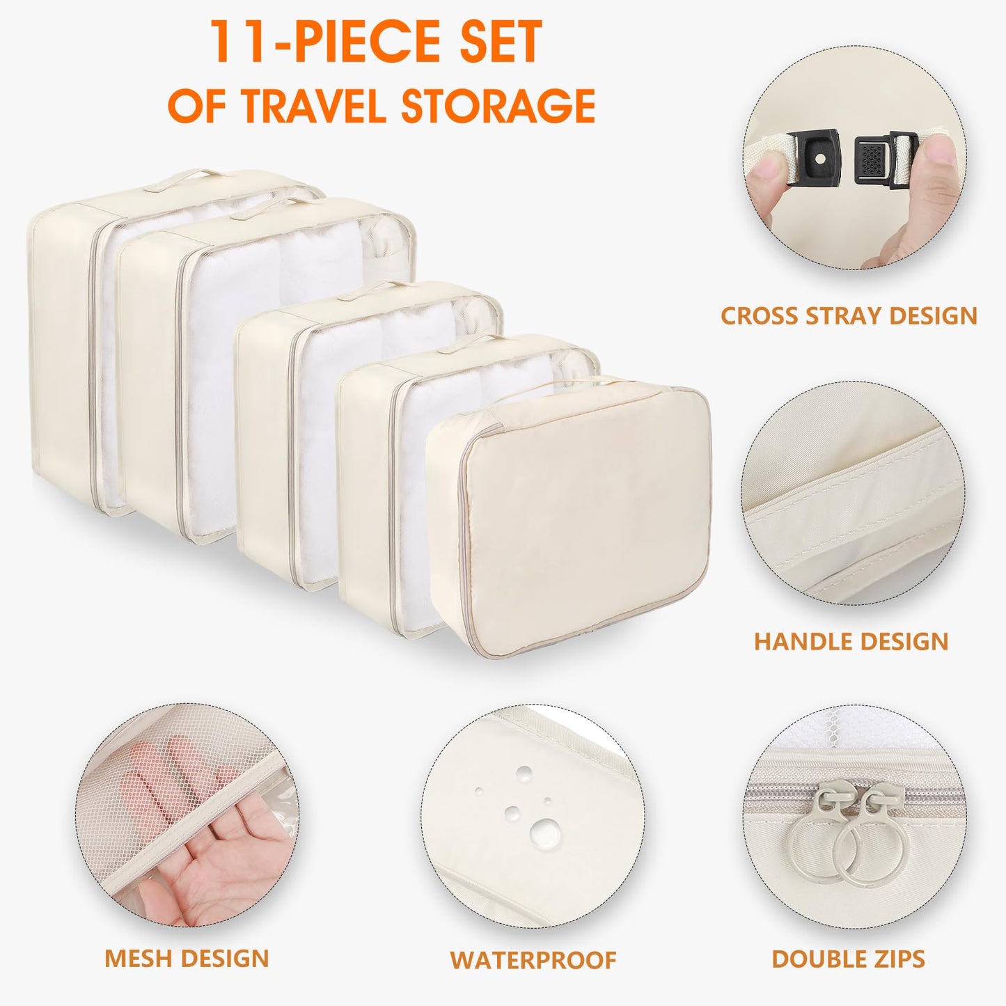 WECUTE Suitcase Organizer Set (11-piece): Waterproof Travel Clothes Bags (Khaki)